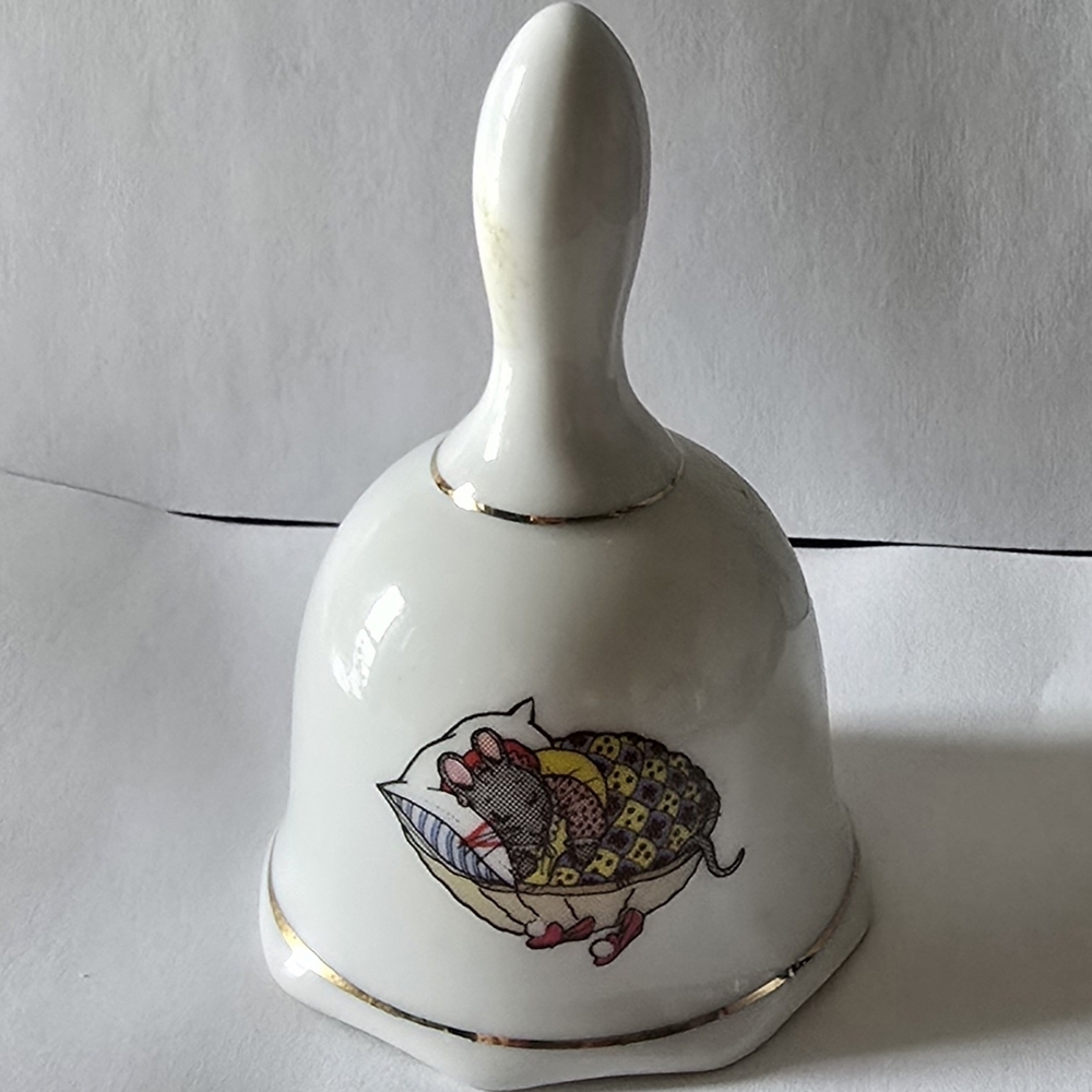 White Ceramic Decorative Bell with Mouse Motif and Gold Trim Made In Taiwan